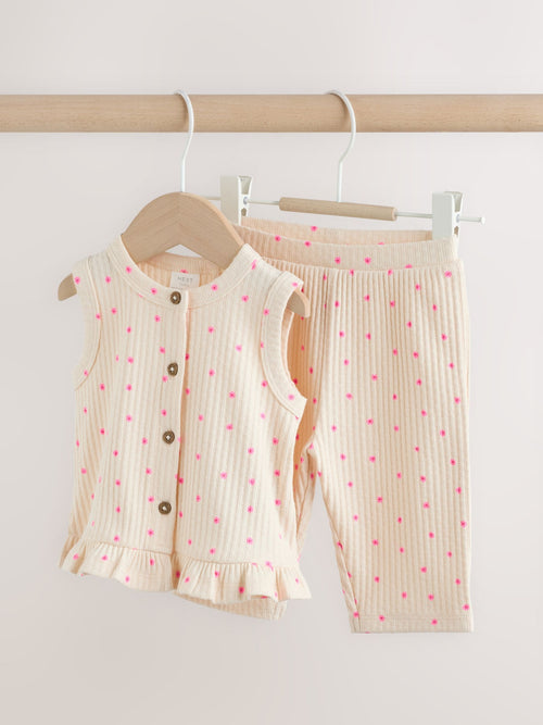 Pink Flower Rib Baby Top And Wide Leg Trousers Set 2 Piece (0mths-2yrs) image 1