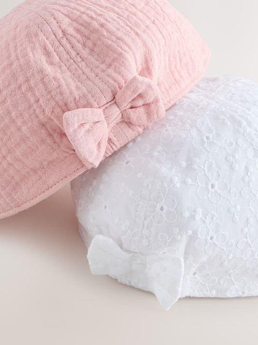Pink/White Broderie Bow Back Baby Hats 2 Pack (0mths-2yrs) image 3