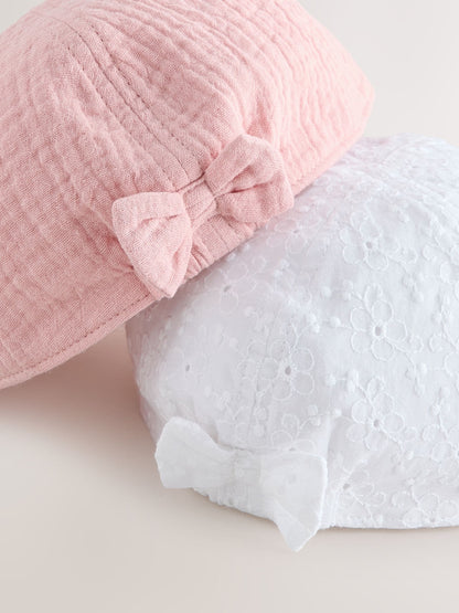 Pink/White Broderie Bow Back Baby Hats 2 Pack image 2