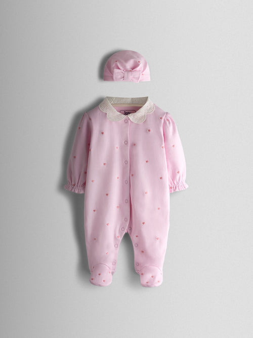 JoJo Maman Bébé Pink Heart Embroidered Cotton Footed Sleepsuit and Bonnet Set image 1