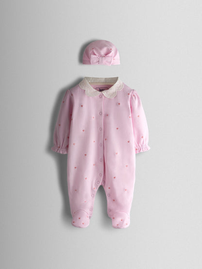 JoJo Maman Bébé Pink Heart Embroidered Cotton Footed Sleepsuit and Bonnet Set image 1