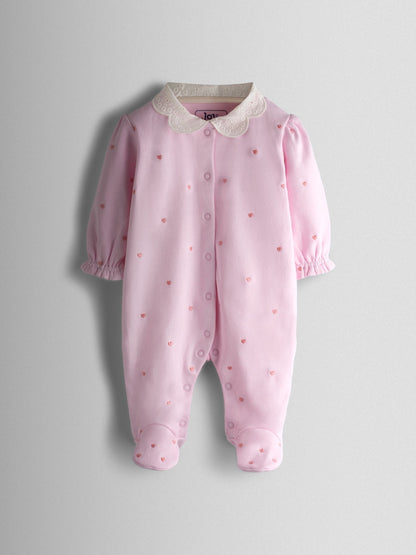 JoJo Maman Bébé Pink Heart Embroidered Cotton Footed Sleepsuit and Bonnet Set image 2
