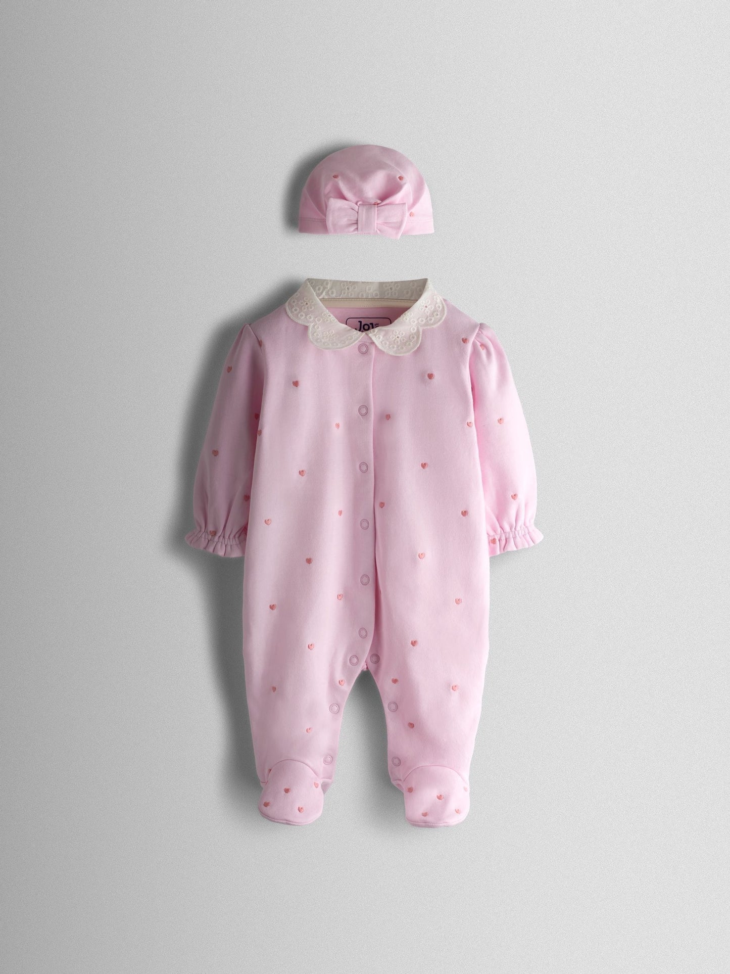 JoJo Maman Bébé Pink Heart Embroidered Cotton Footed Sleepsuit and Bonnet Set image 1