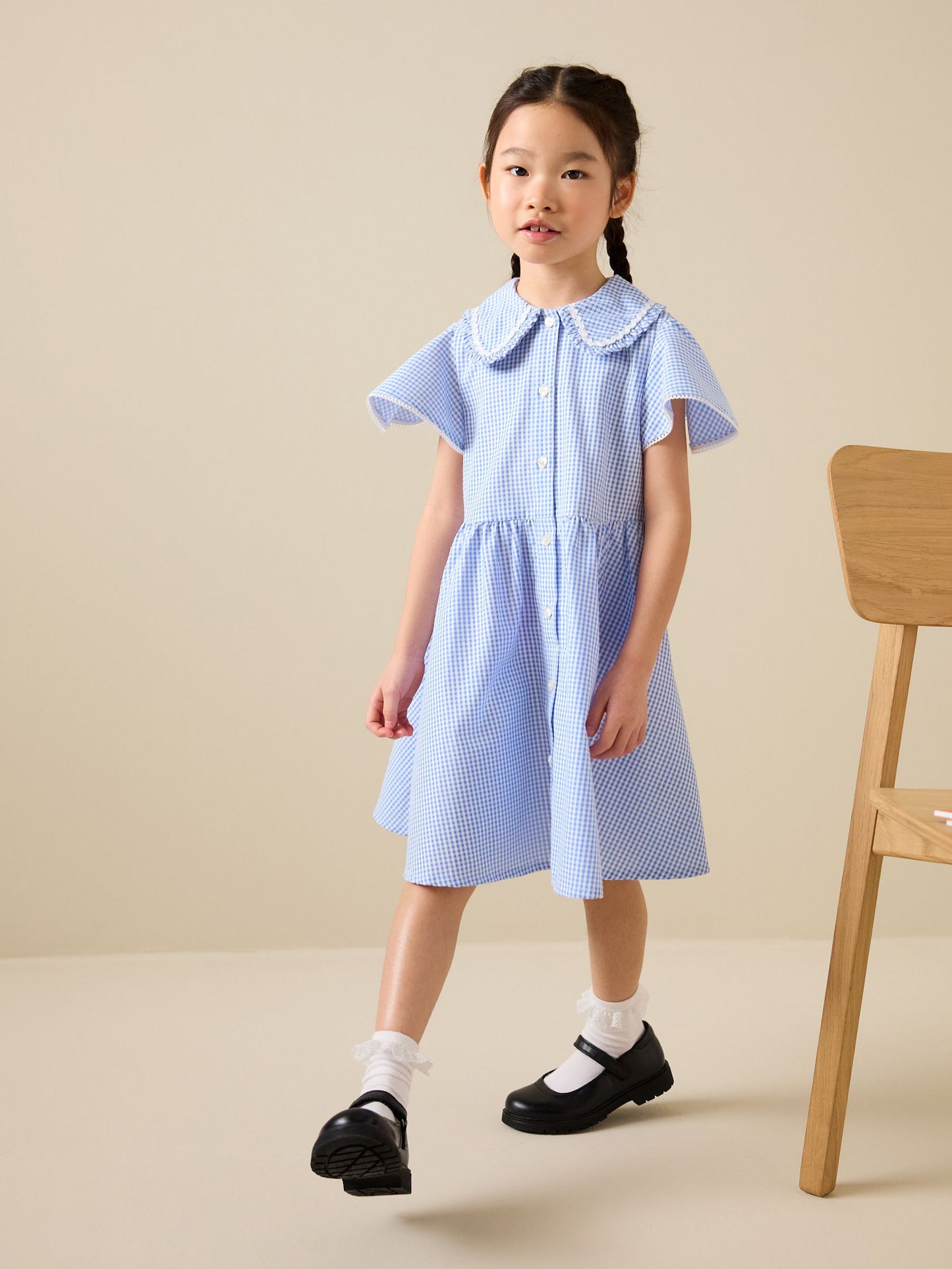 Blue Gingham Cotton Rich Angel Sleeve School Dress (3-14yrs) image 2