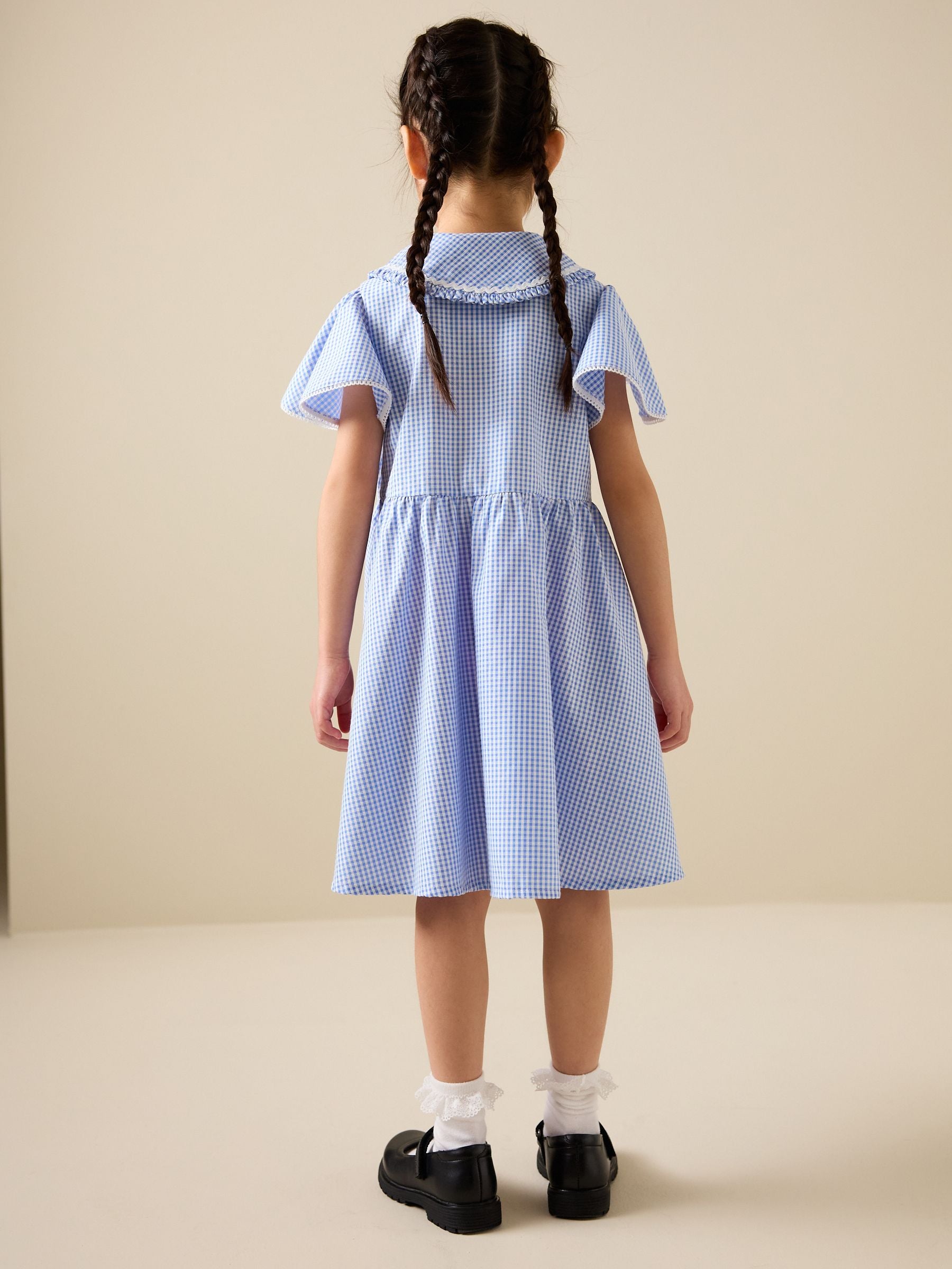 Blue Gingham Cotton Rich Angel Sleeve School Dress (3-14yrs) image 3