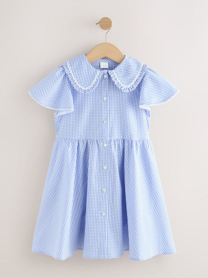Blue Gingham Cotton Rich Angel Sleeve School Dress (3-14yrs) image 5
