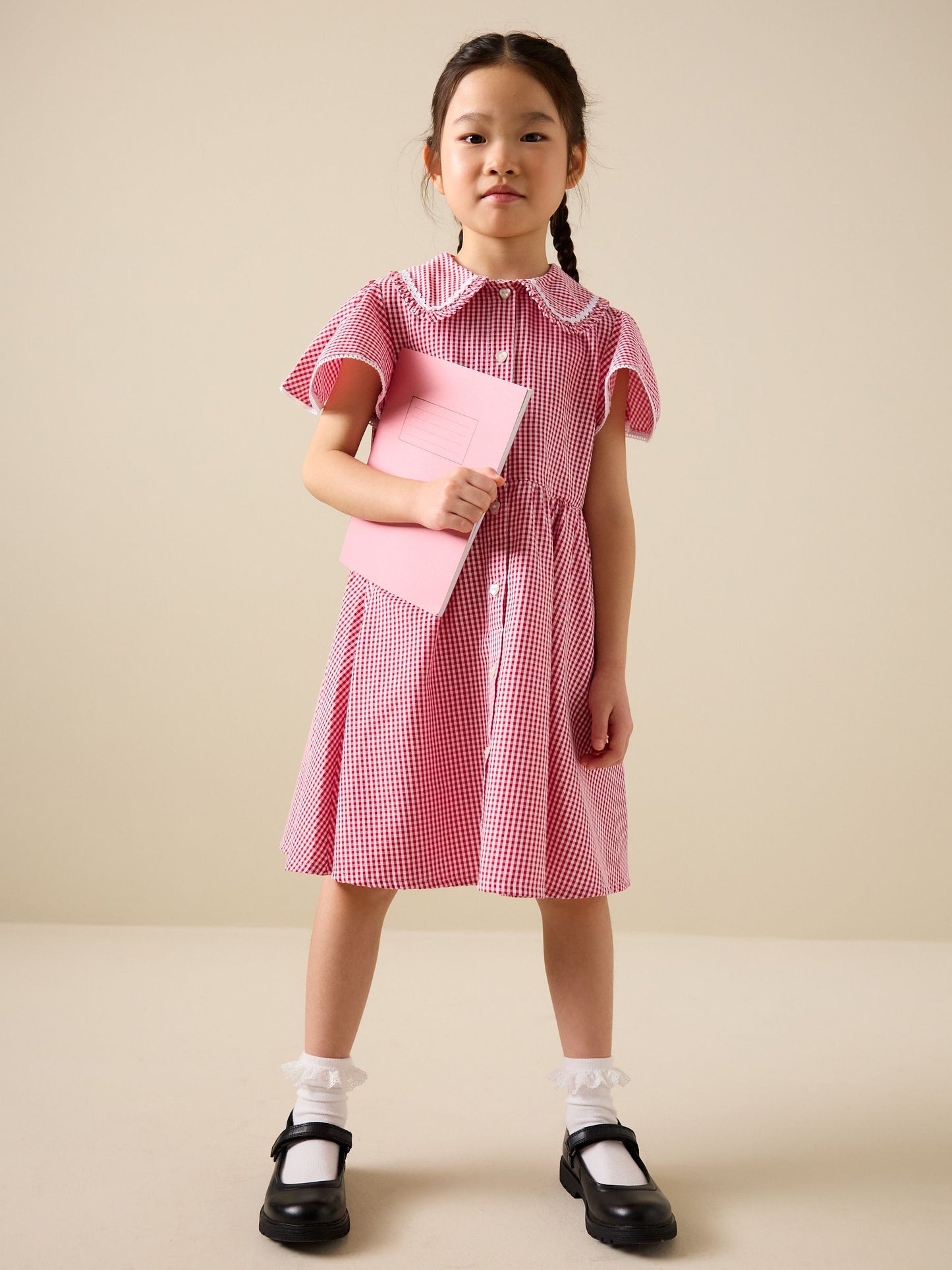 Red Gingham Cotton Rich Angel Sleeve School Dress (3-14yrs) image 2