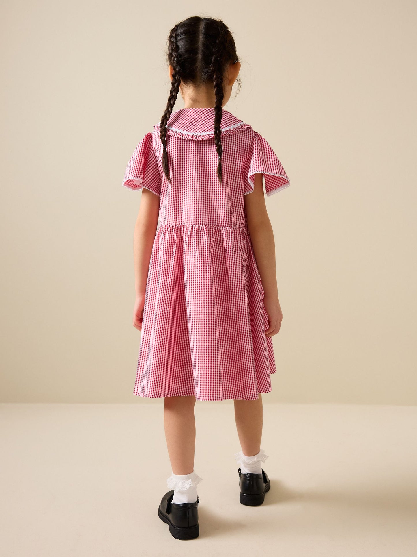Red Gingham Cotton Rich Angel Sleeve School Dress (3-14yrs) image 3
