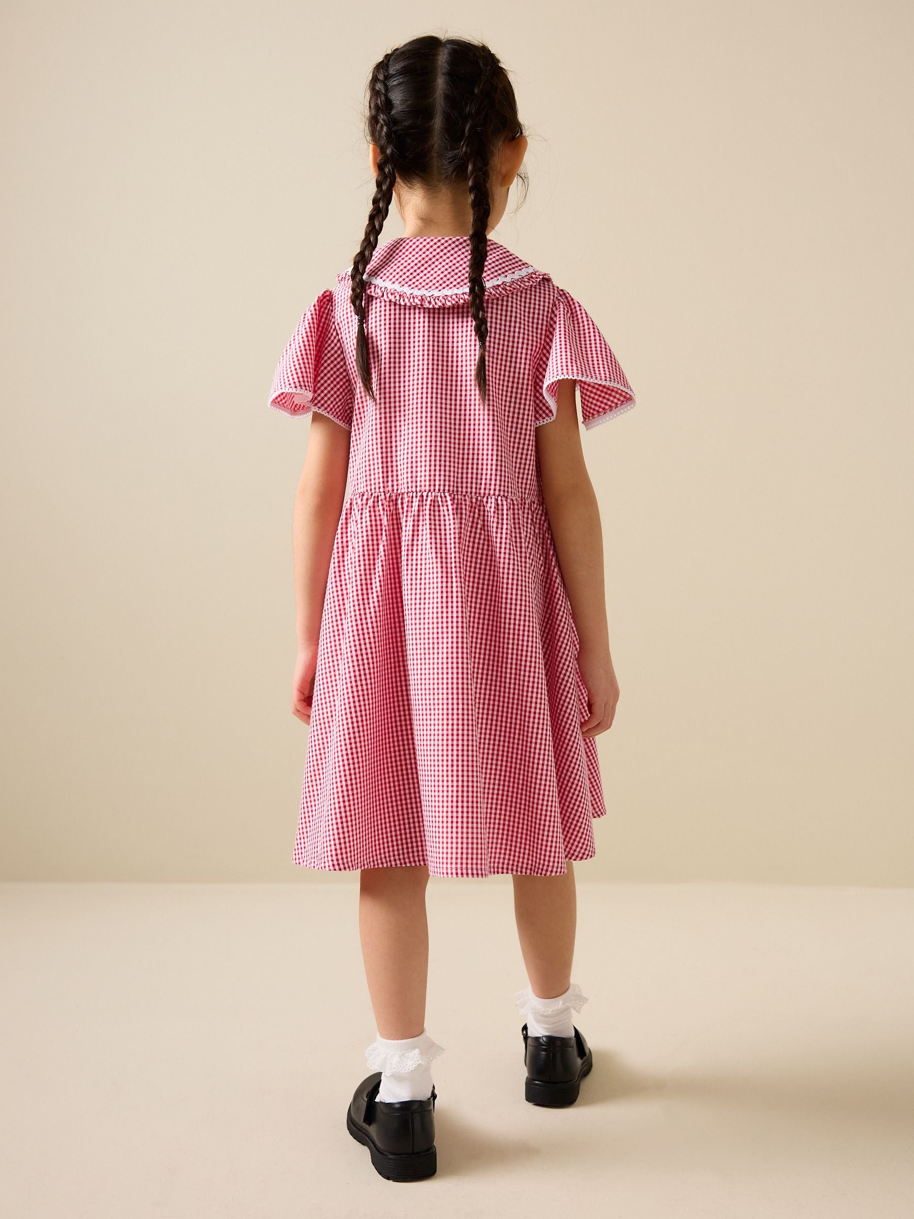 Red Gingham Cotton Rich Angel Sleeve School Dress (3-14yrs) image 3