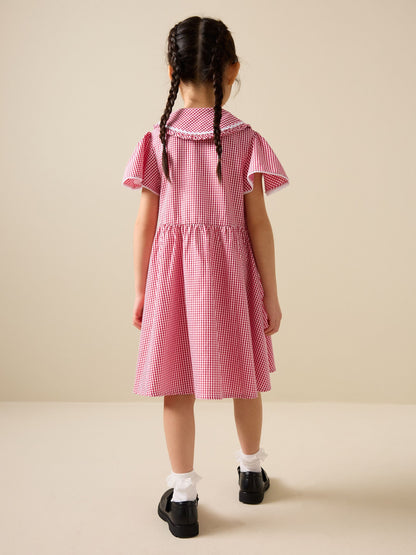 Red Gingham Cotton Rich Angel Sleeve School Dress (3-14yrs) image 3