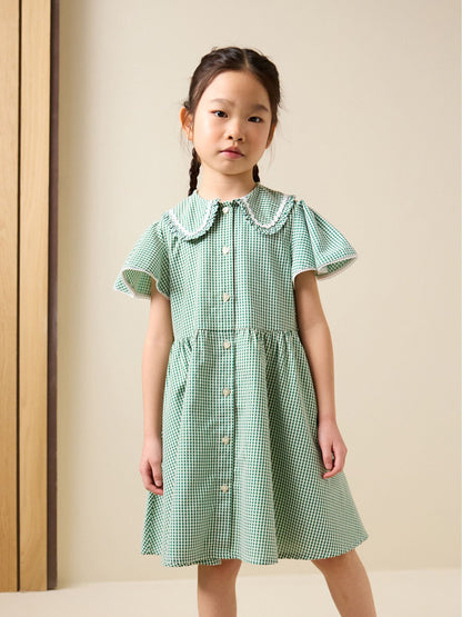 Green Gingham Cotton Rich Angel Sleeve School Dress (3-14yrs) image 1