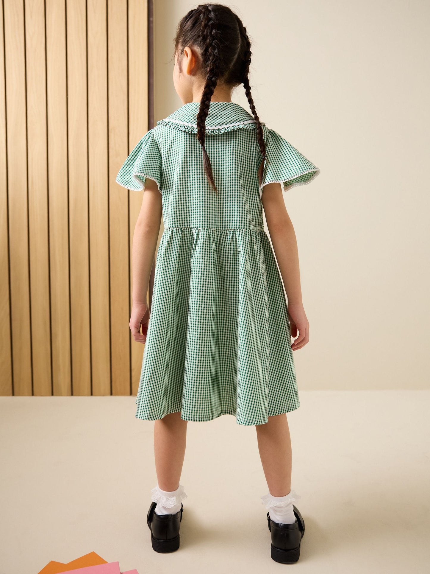Green Gingham Cotton Rich Angel Sleeve School Dress (3-14yrs) image 2