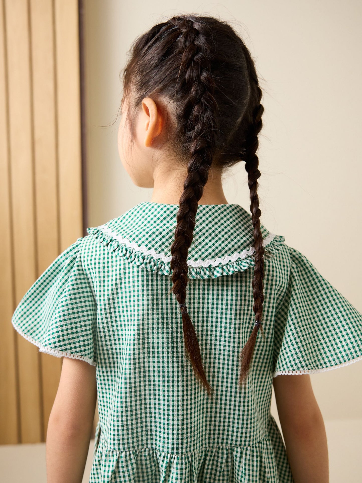 Green Gingham Cotton Rich Angel Sleeve School Dress (3-14yrs) image 4