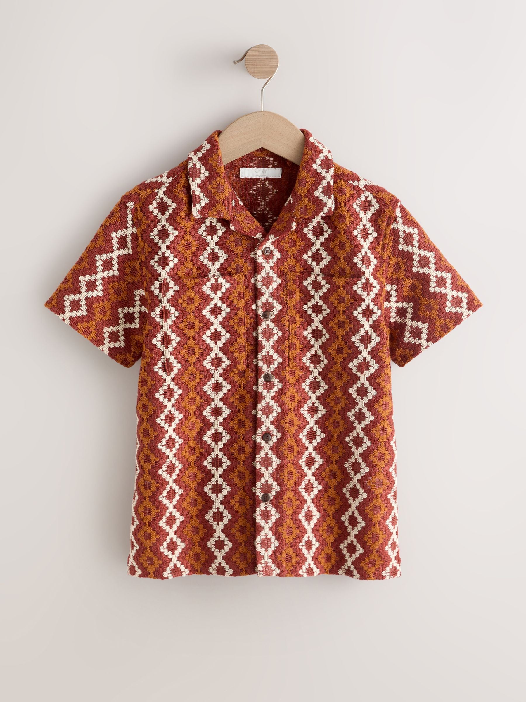Dsiney Kidz - Rust Brown Short Sleeve Textured Stripe Revere Shirt (3-16yrs) image 1