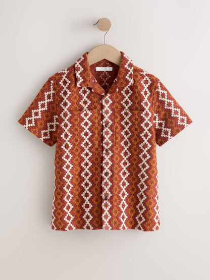 Dsiney Kidz - Rust Brown Short Sleeve Textured Stripe Revere Shirt (3-16yrs) image 1