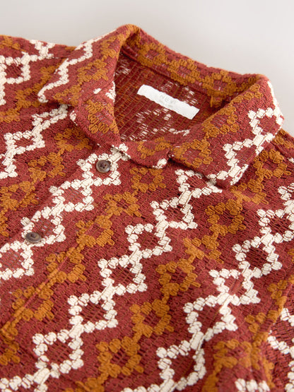 Dsiney Kidz - Rust Brown Short Sleeve Textured Stripe Revere Shirt (3-16yrs) image 3