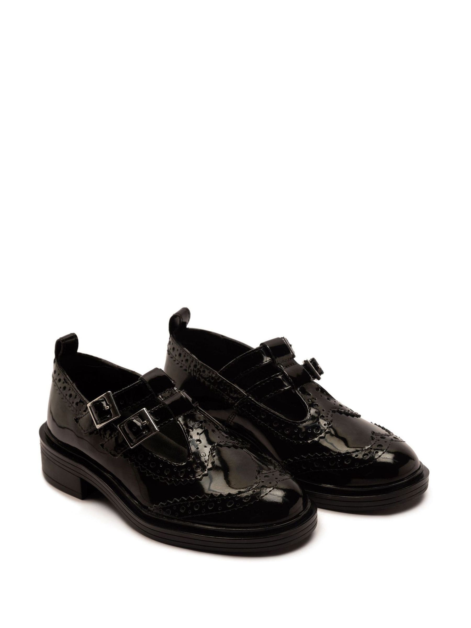 Off The Hook Black Holly Leather T-Bar Mary Jane Brogue School Shoes image 2