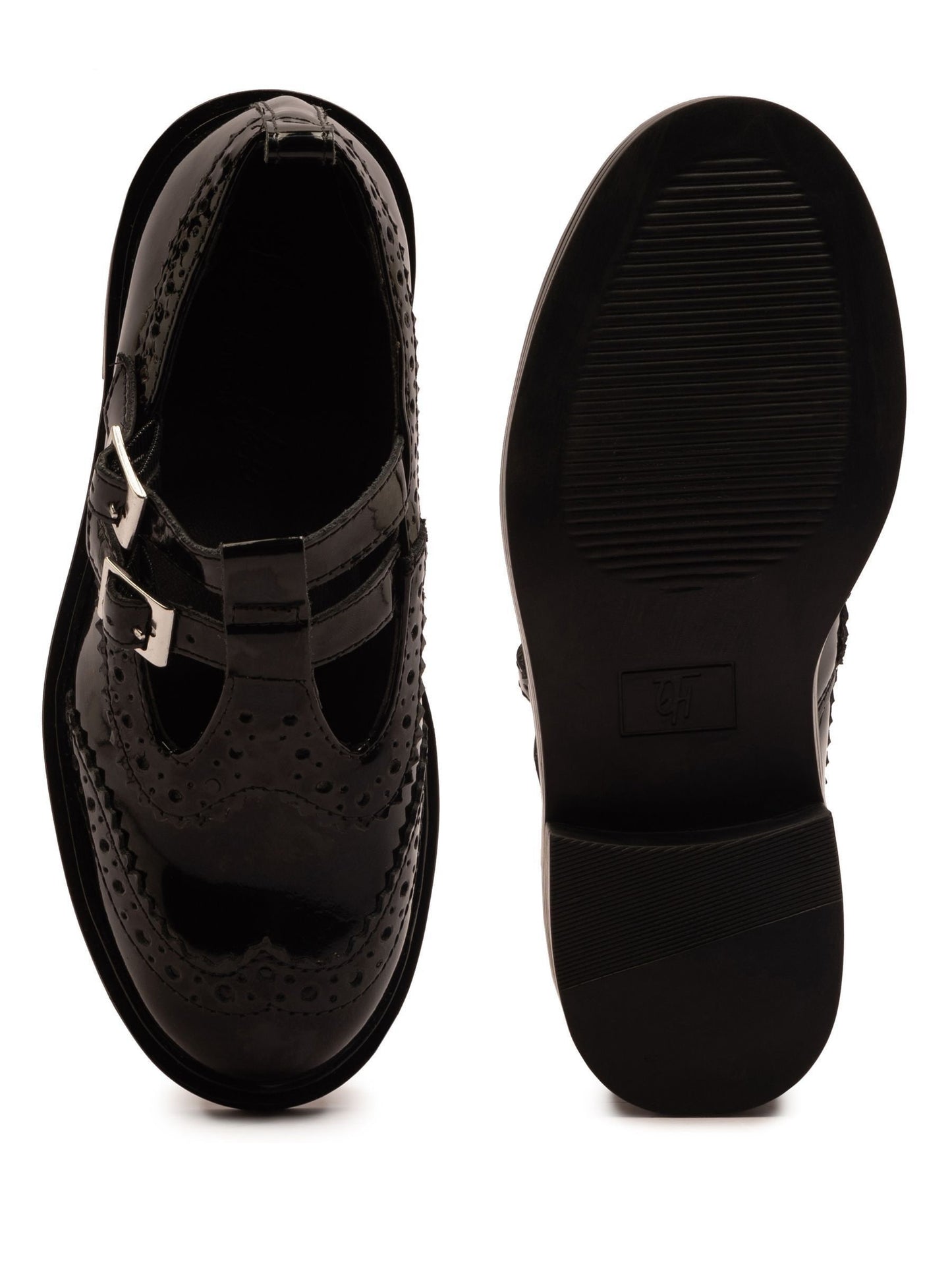 Off The Hook Black Holly Leather T-Bar Mary Jane Brogue School Shoes image 3