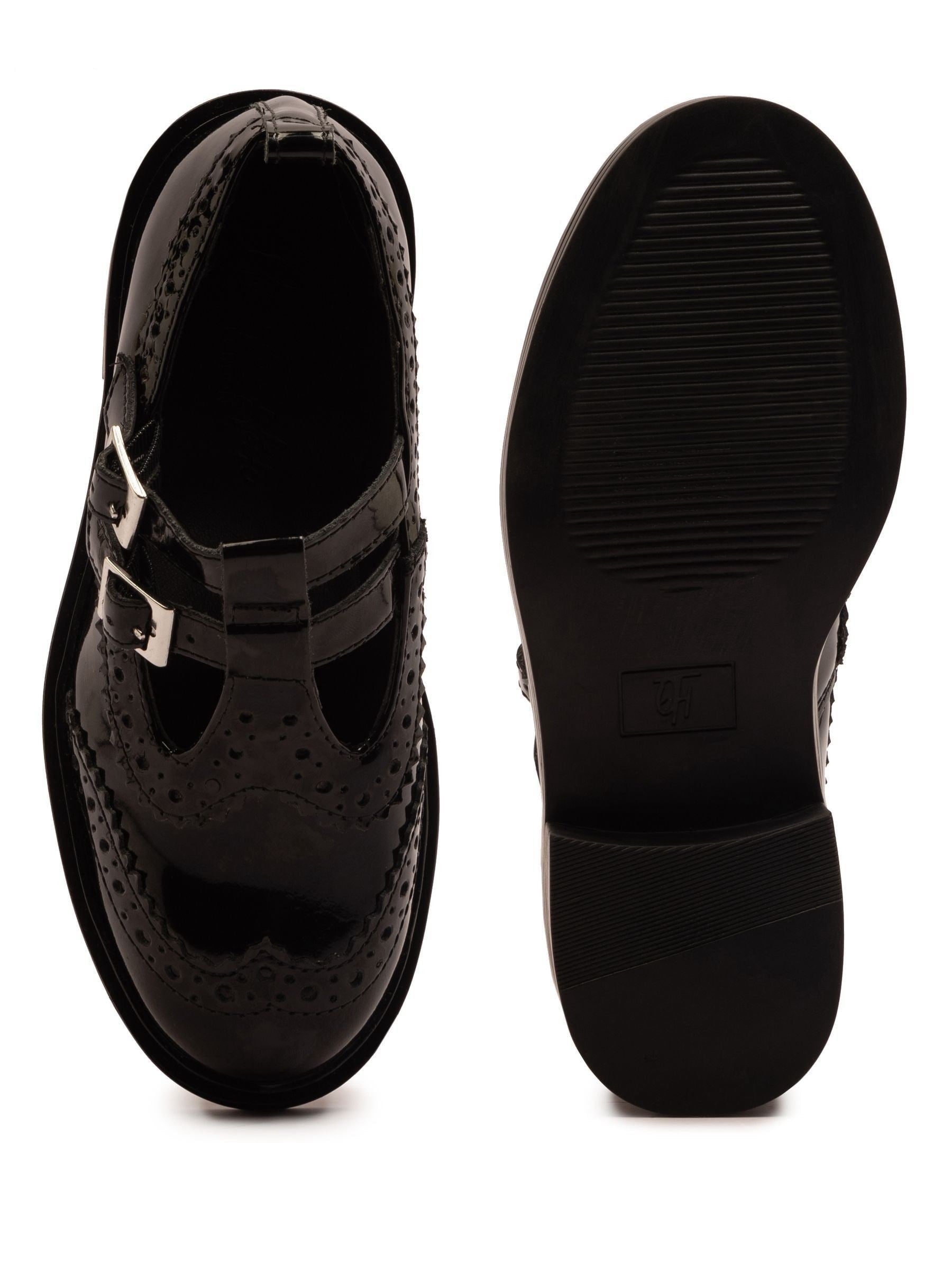 Off The Hook Black Holly Leather T-Bar Mary Jane Brogue School Shoes image 3