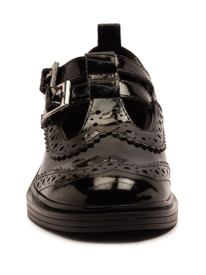 Off The Hook Black Holly Leather T-Bar Mary Jane Brogue School Shoes image 4