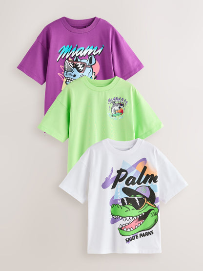 Dsiney Kidz - Purple/Green/White Relaxed Fit Graphic Print Short Sleeve T-Shirts 3 Pack (3-16yrs) image 1