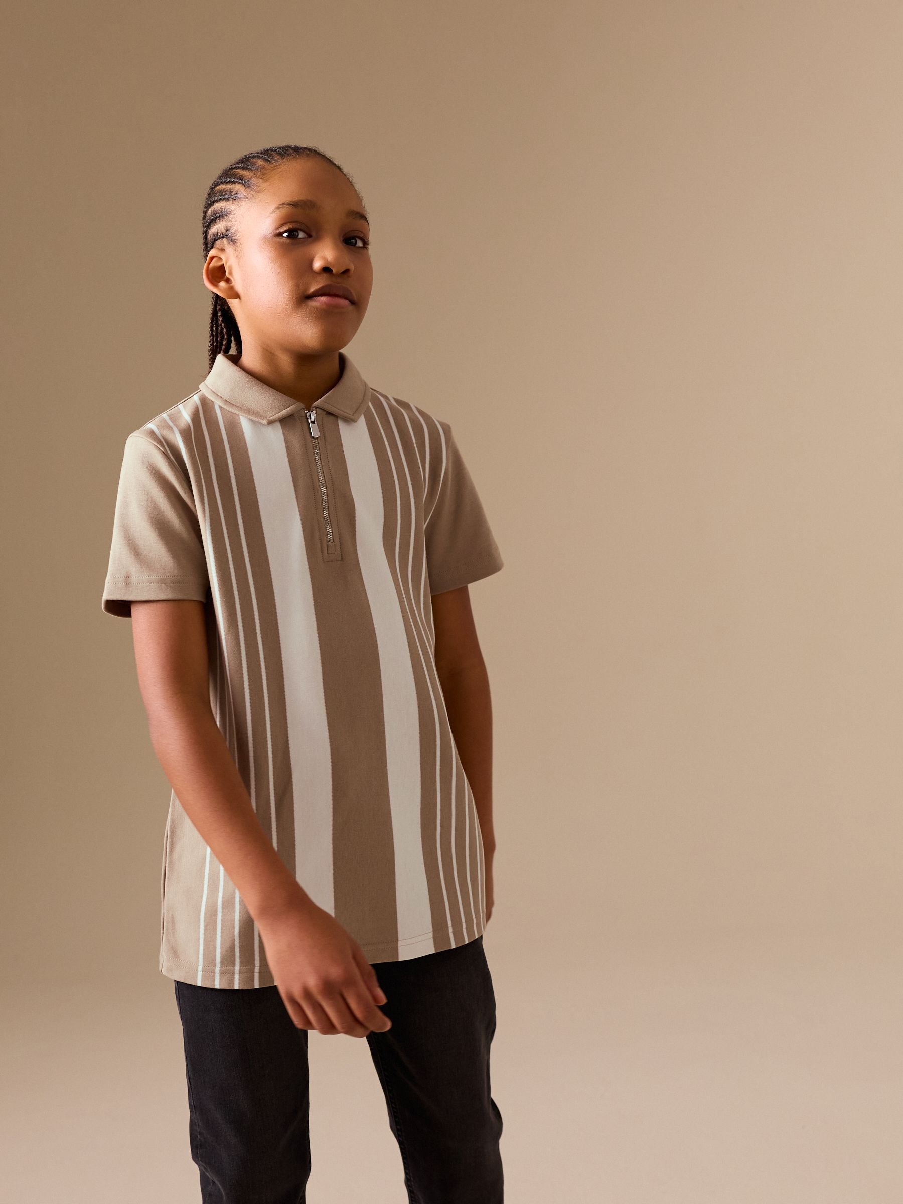 Dsiney Kidz - Neutral Vertical Stripe Zip Neck Polo Shirt (3-16yrs) image 1