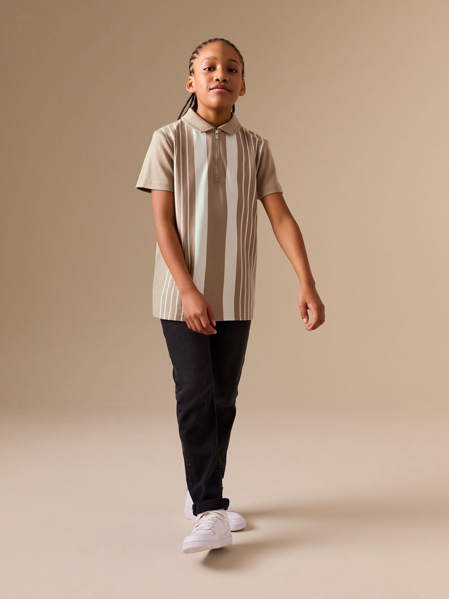 Dsiney Kidz - Neutral Vertical Stripe Zip Neck Polo Shirt (3-16yrs) image 3