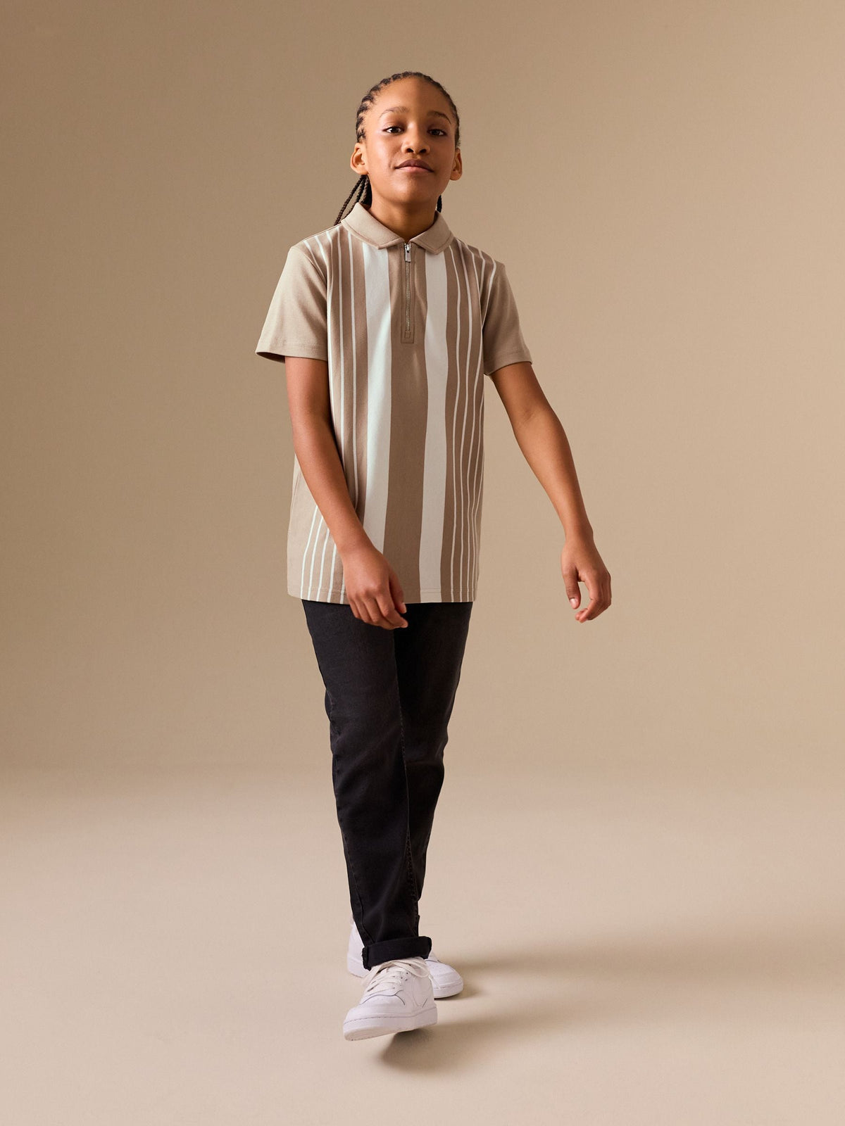 Dsiney Kidz - Neutral Vertical Stripe Zip Neck Polo Shirt (3-16yrs) image 3