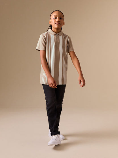 Dsiney Kidz - Neutral Vertical Stripe Zip Neck Polo Shirt (3-16yrs) image 3