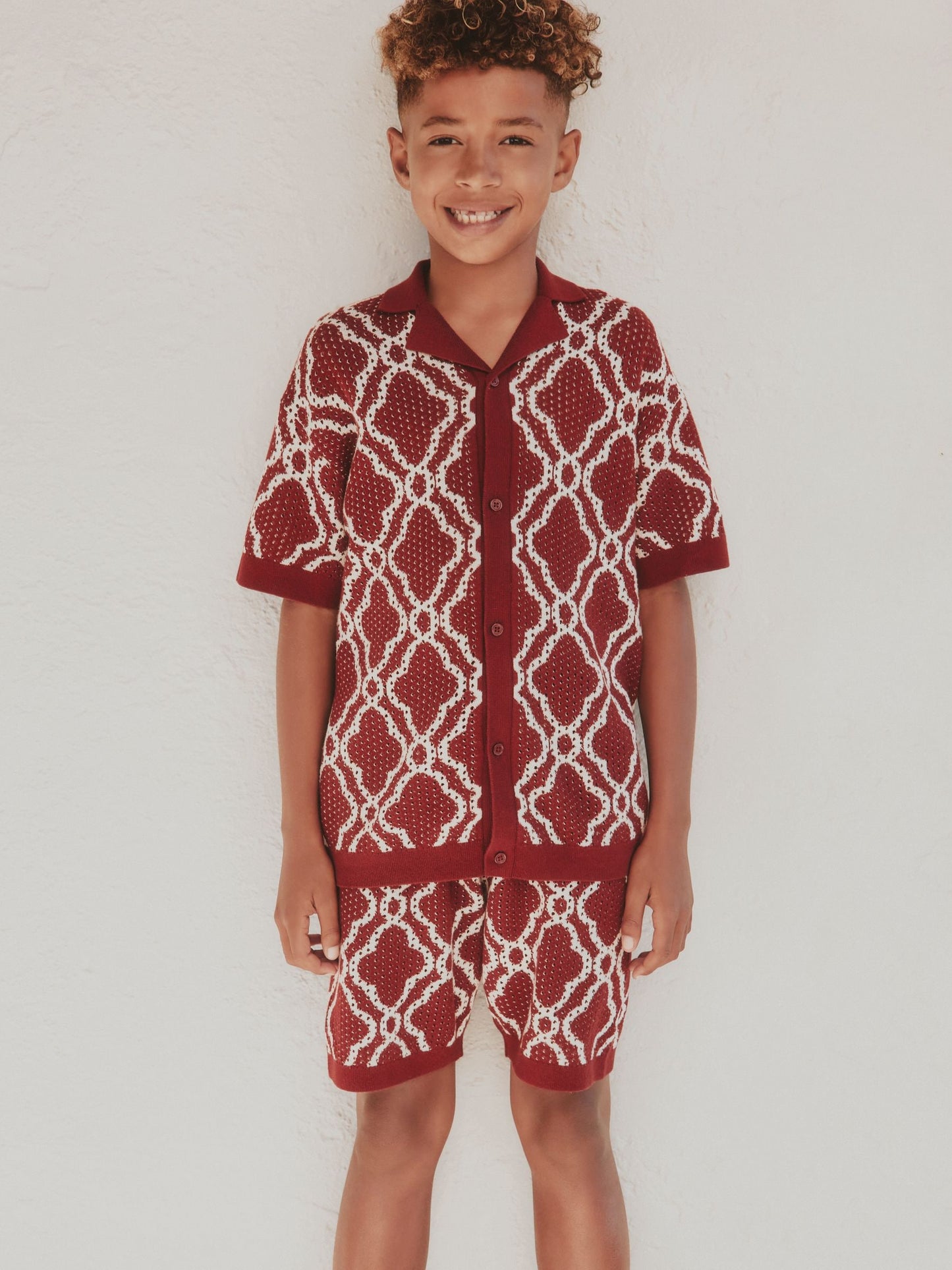 Dsiney Kidz - Burgundy Red Textured Knitted Polo Shirt and Shorts Set (3-16yrs) image 1