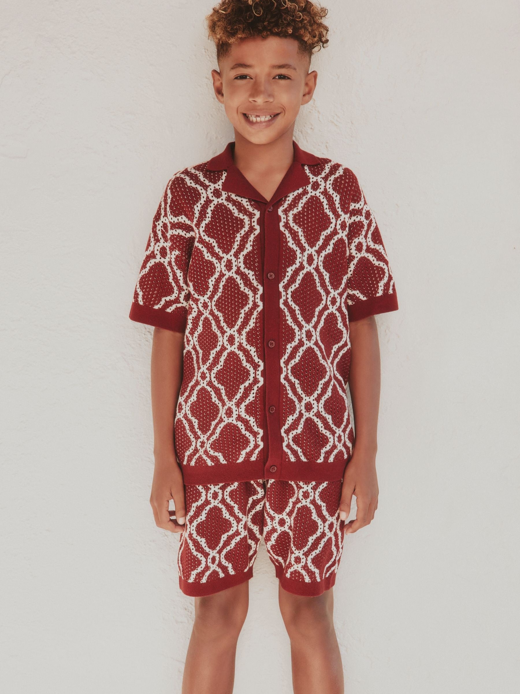Dsiney Kidz - Burgundy Red Textured Knitted Polo Shirt and Shorts Set (3-16yrs) image 1