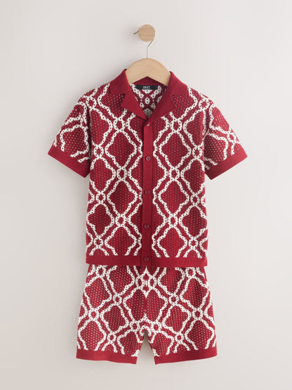 Dsiney Kidz - Burgundy Red Textured Knitted Polo Shirt and Shorts Set (3-16yrs) image 11