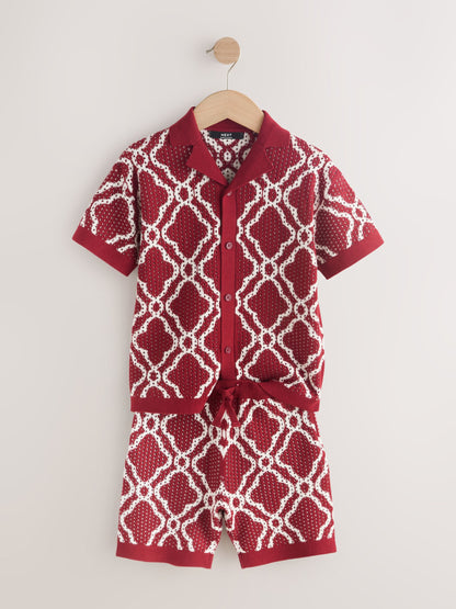 Dsiney Kidz - Burgundy Red Textured Knitted Polo Shirt and Shorts Set (3-16yrs) image 12