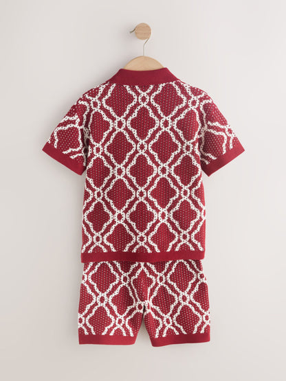 Dsiney Kidz - Burgundy Red Textured Knitted Polo Shirt and Shorts Set (3-16yrs) image 13