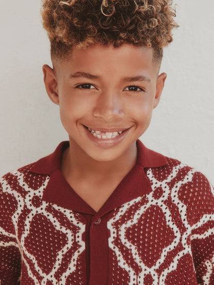 Dsiney Kidz - Burgundy Red Textured Knitted Polo Shirt and Shorts Set (3-16yrs) image 2
