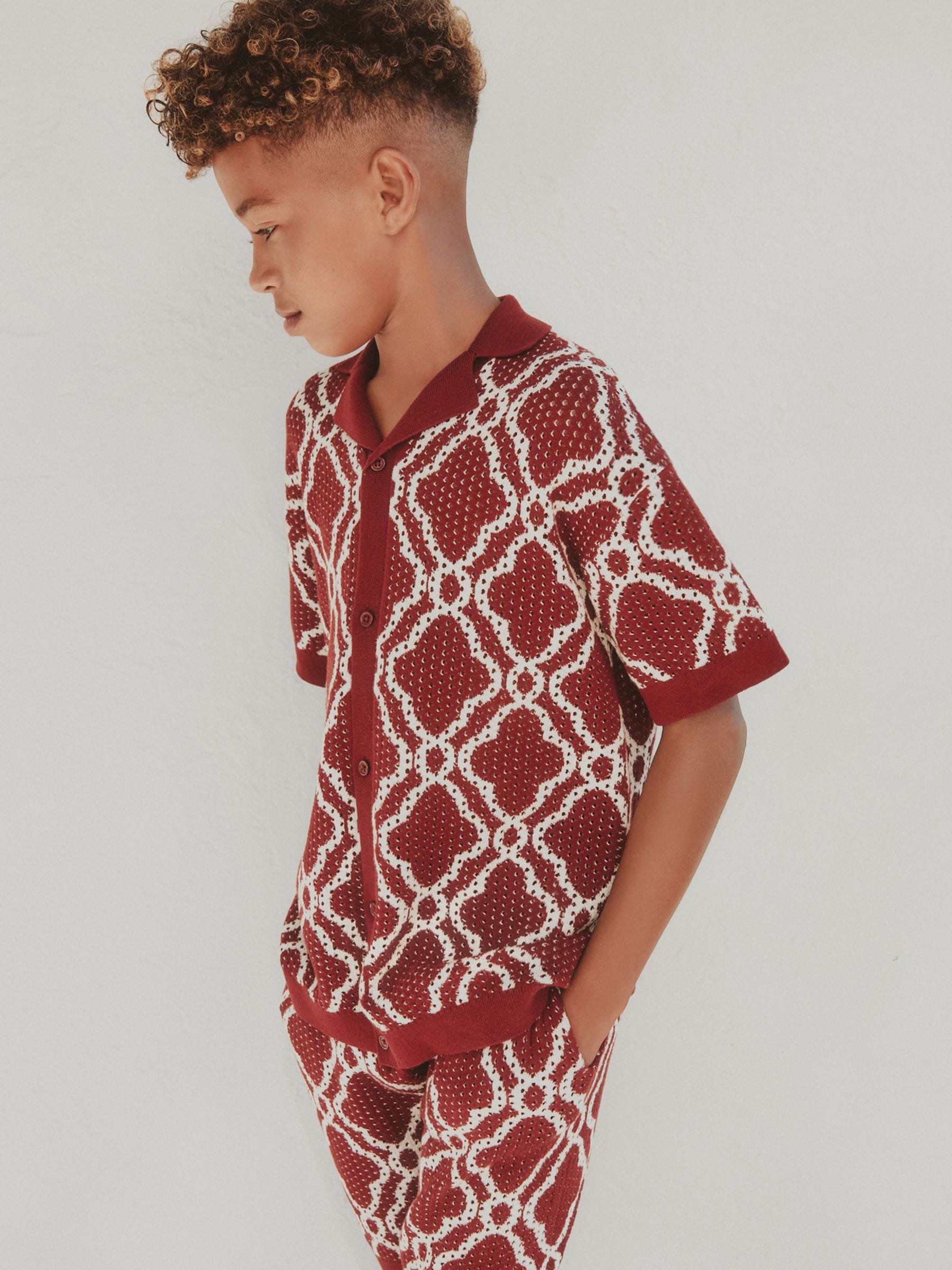 Dsiney Kidz - Burgundy Red Textured Knitted Polo Shirt and Shorts Set (3-16yrs) image 3