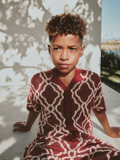 Dsiney Kidz - Burgundy Red Textured Knitted Polo Shirt and Shorts Set (3-16yrs) image 4