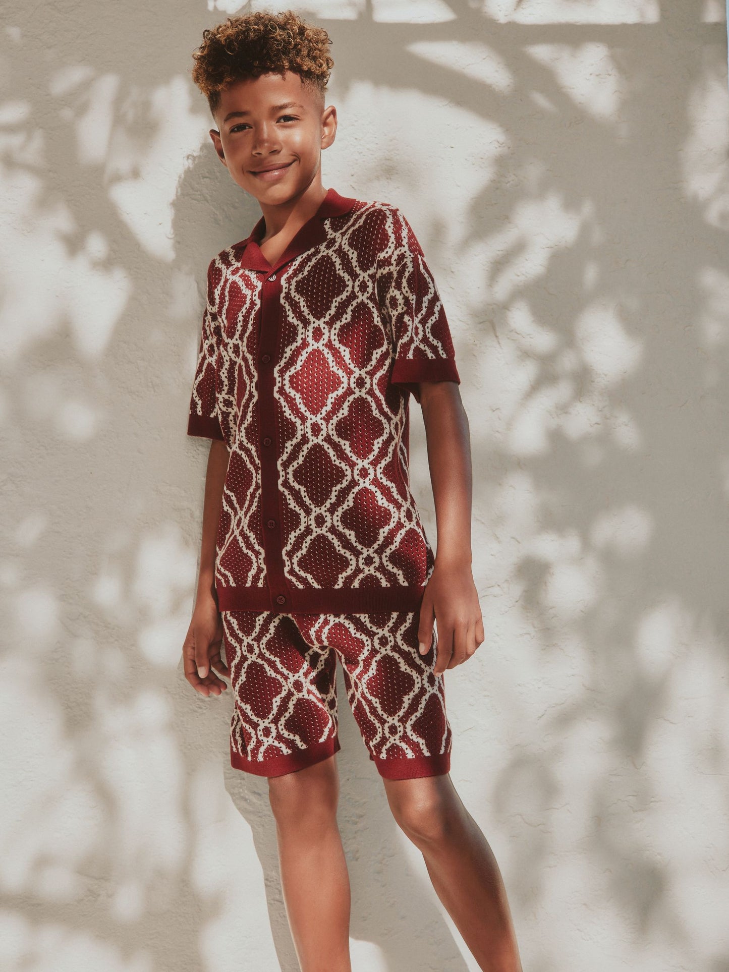 Dsiney Kidz - Burgundy Red Textured Knitted Polo Shirt and Shorts Set (3-16yrs) image 8