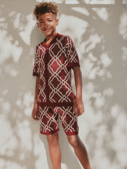 Dsiney Kidz - Burgundy Red Textured Knitted Polo Shirt and Shorts Set (3-16yrs) image 8
