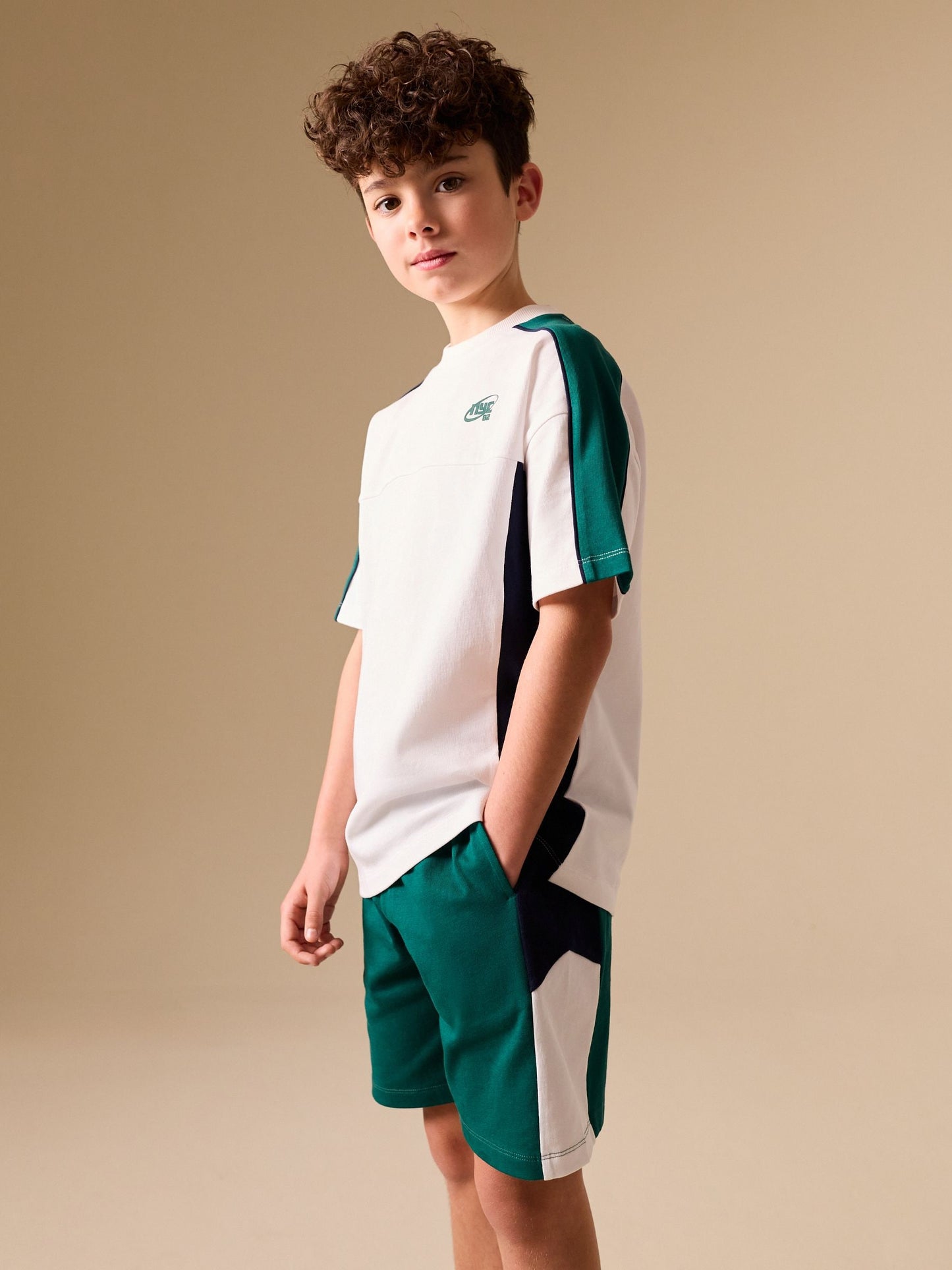 Dsiney Kidz - Green/White/Navy Colourblock Short Sleeve T-Shirt and Shorts Set (3-16yrs) image 1