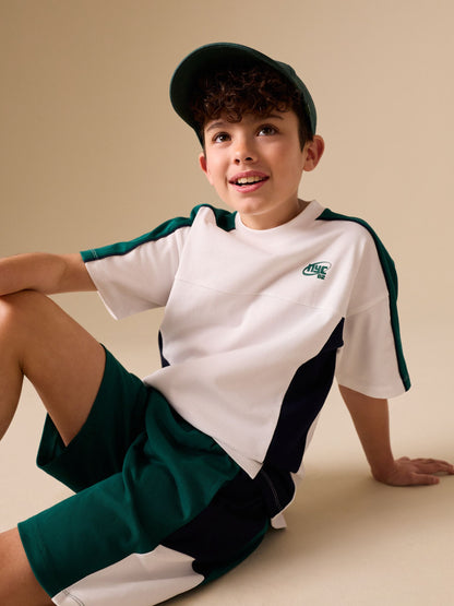 Dsiney Kidz - Green/White/Navy Colourblock Short Sleeve T-Shirt and Shorts Set (3-16yrs) image 3