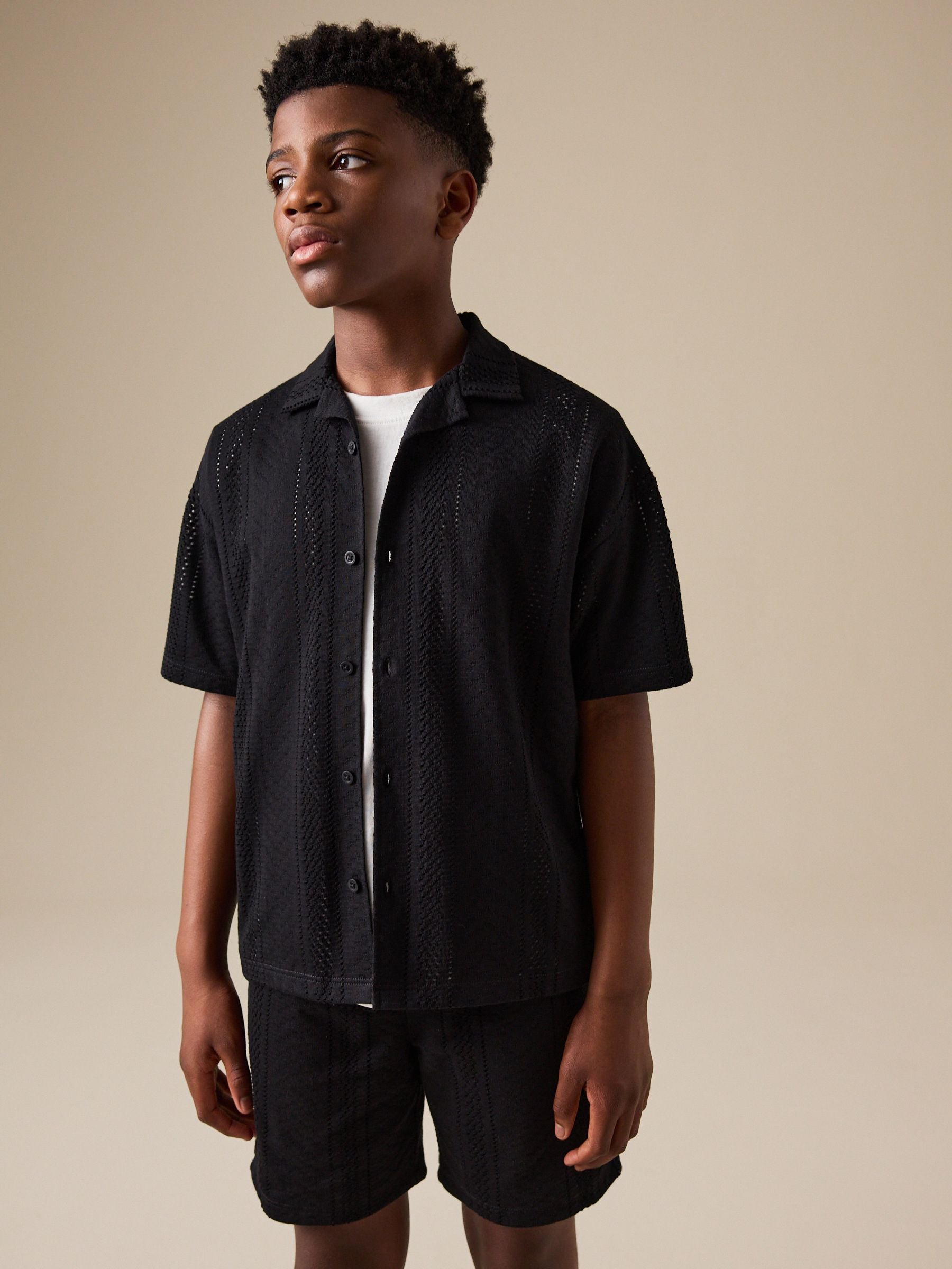 Black Button Through Jersey Shirt and Shorts Set (3-16yrs) image 1