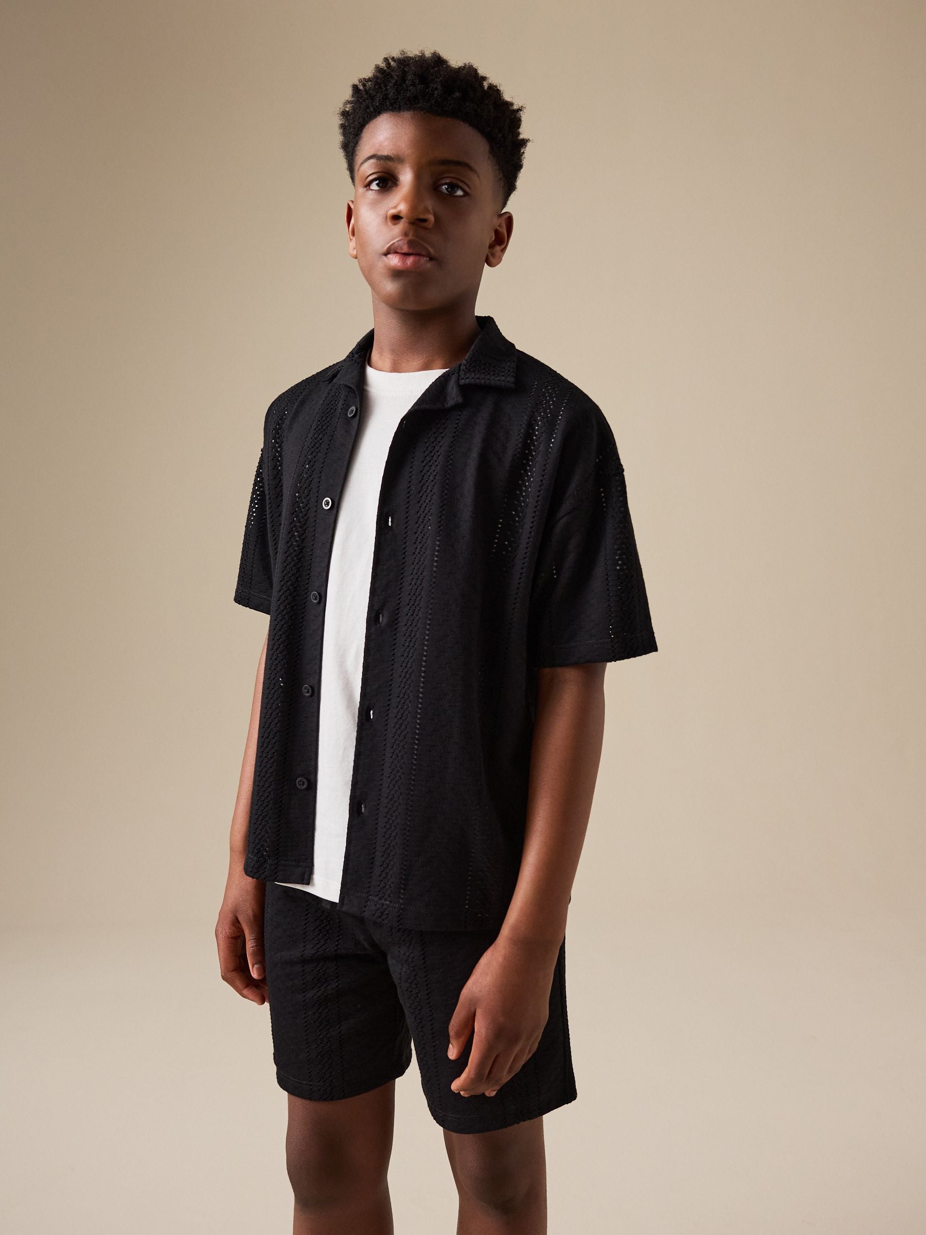 Black Button Through Jersey Shirt and Shorts Set (3-16yrs) image 3
