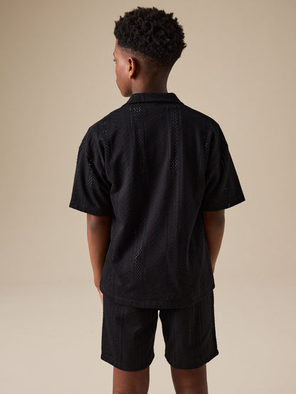 Black Button Through Jersey Shirt and Shorts Set (3-16yrs) image 4