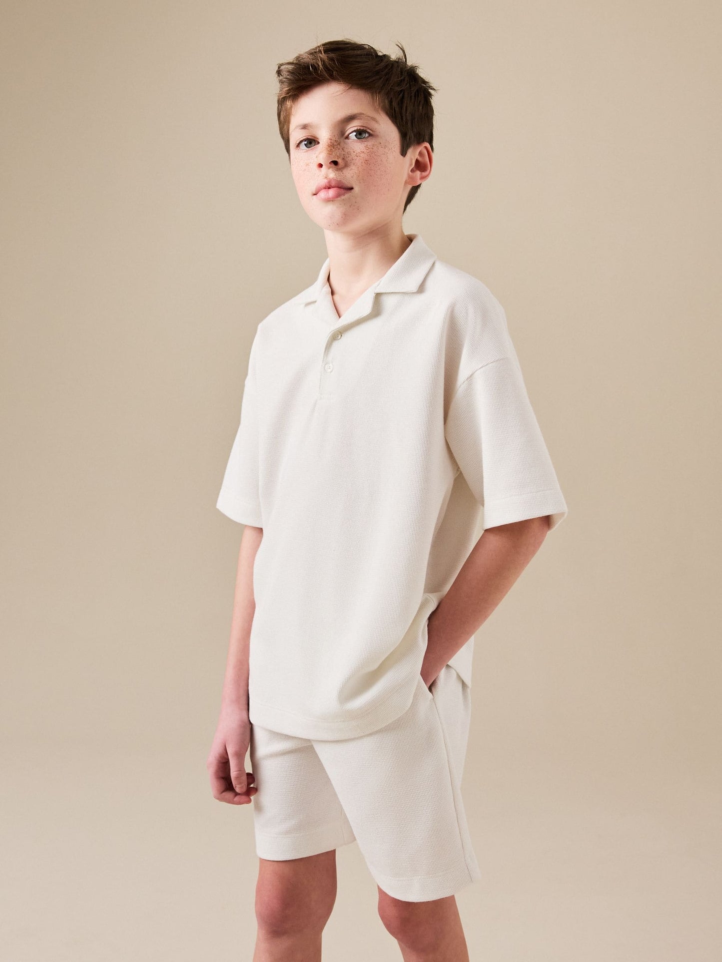 Dsiney Kidz - Ecru White Short Sleeve Textured Polo Shirt and Shorts Set (3-16yrs) image 1