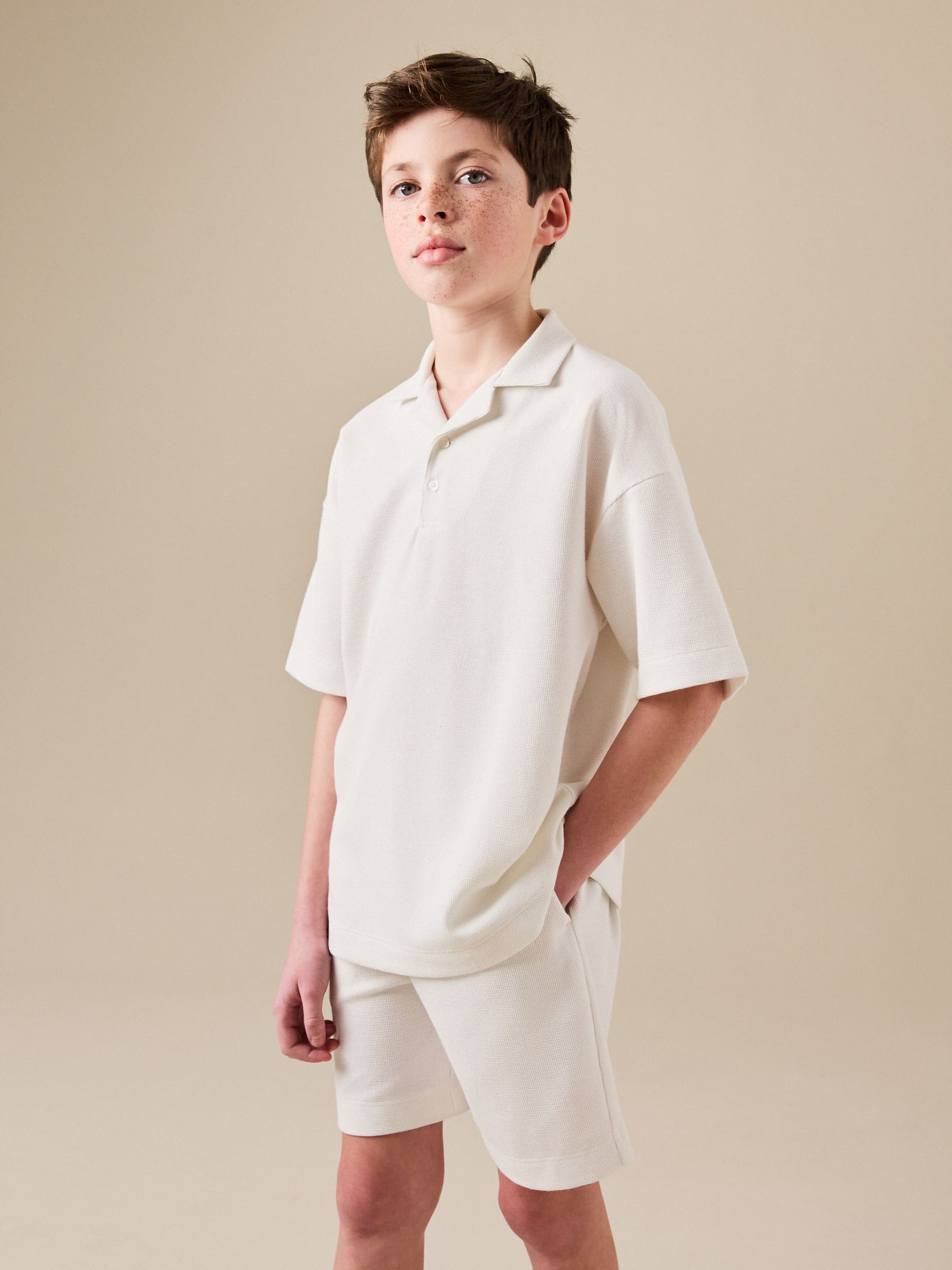 Dsiney Kidz - Ecru White Short Sleeve Textured Polo Shirt and Shorts Set (3-16yrs) image 1