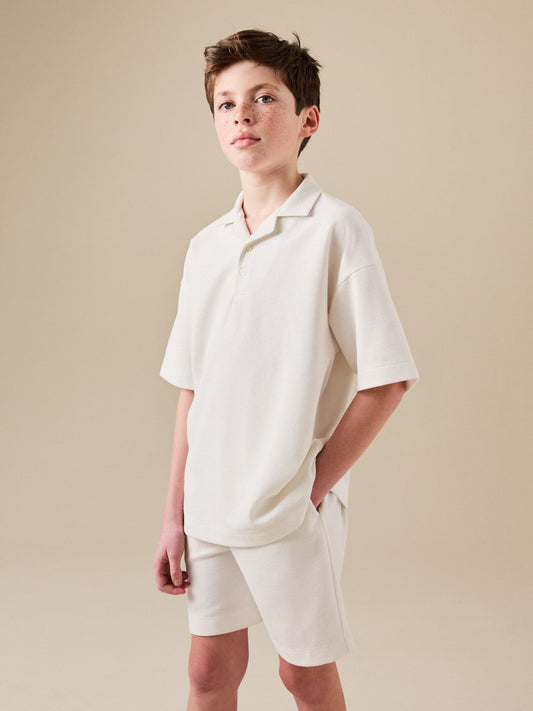 Ecru White Short Sleeve Textured Polo Shirt and Shorts Set (3-16yrs) image 1