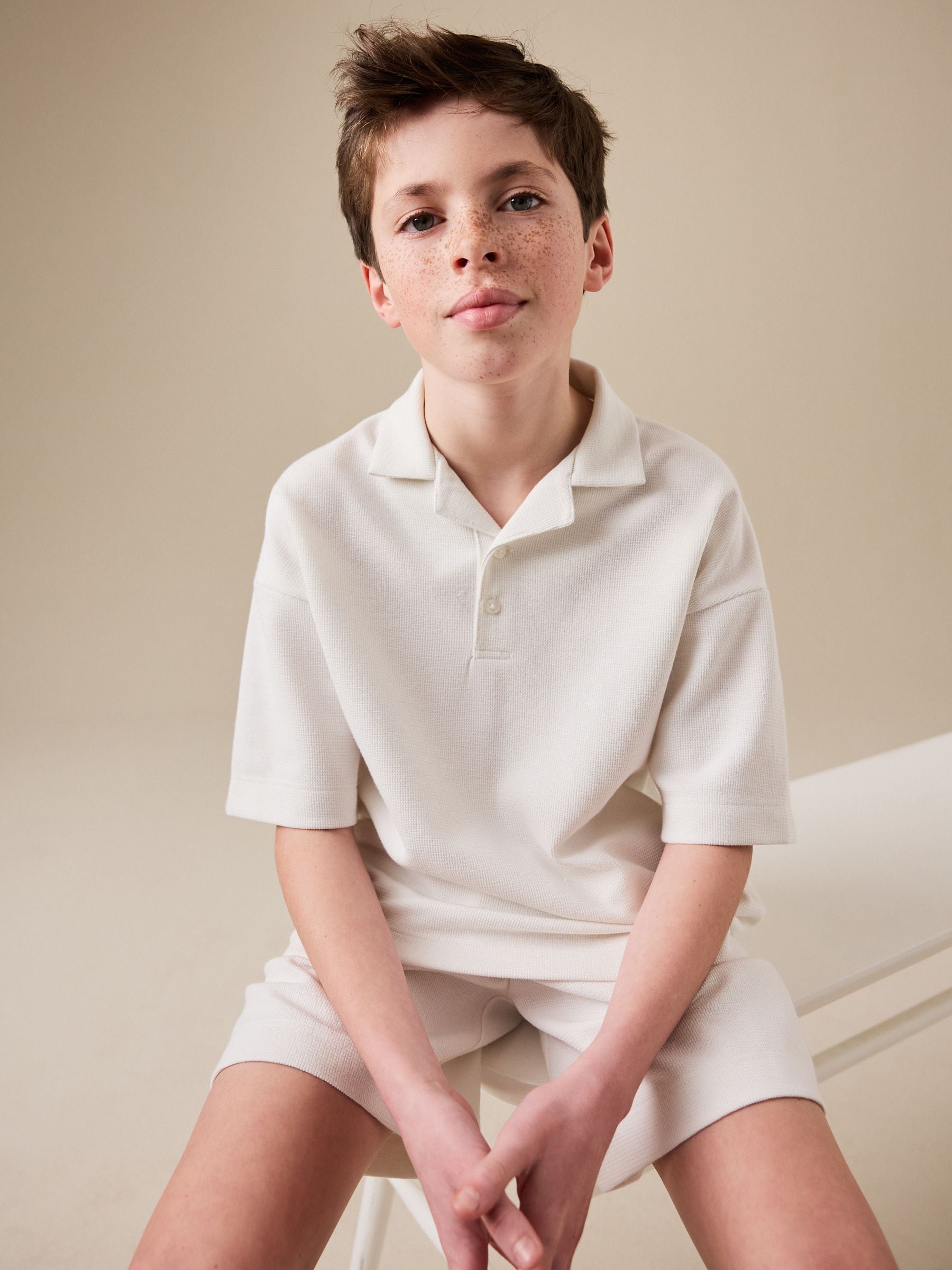 Dsiney Kidz - Ecru White Short Sleeve Textured Polo Shirt and Shorts Set (3-16yrs) image 3