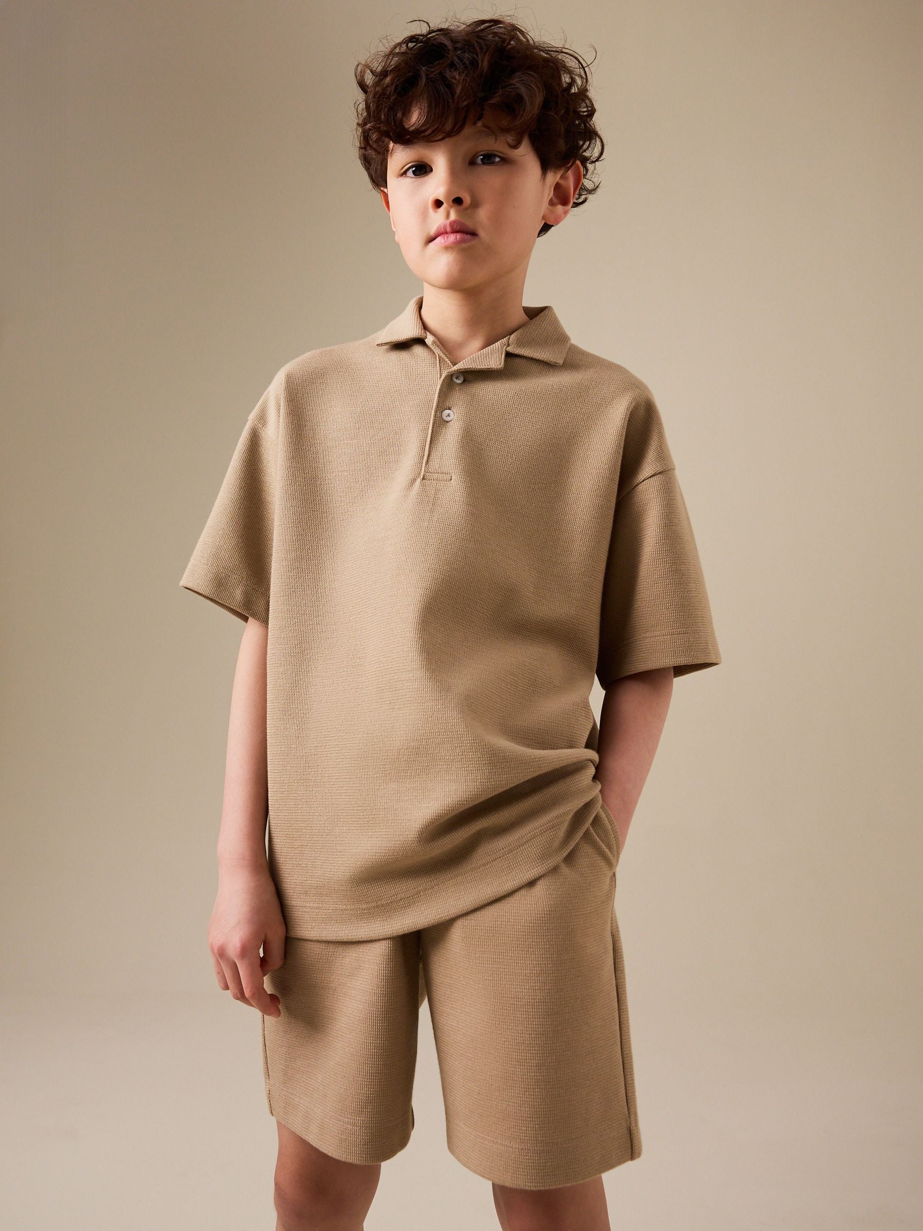 Dsiney Kidz - Tan Brown Short Sleeve Textured Polo Shirt and Shorts Set (3-16yrs) image 1