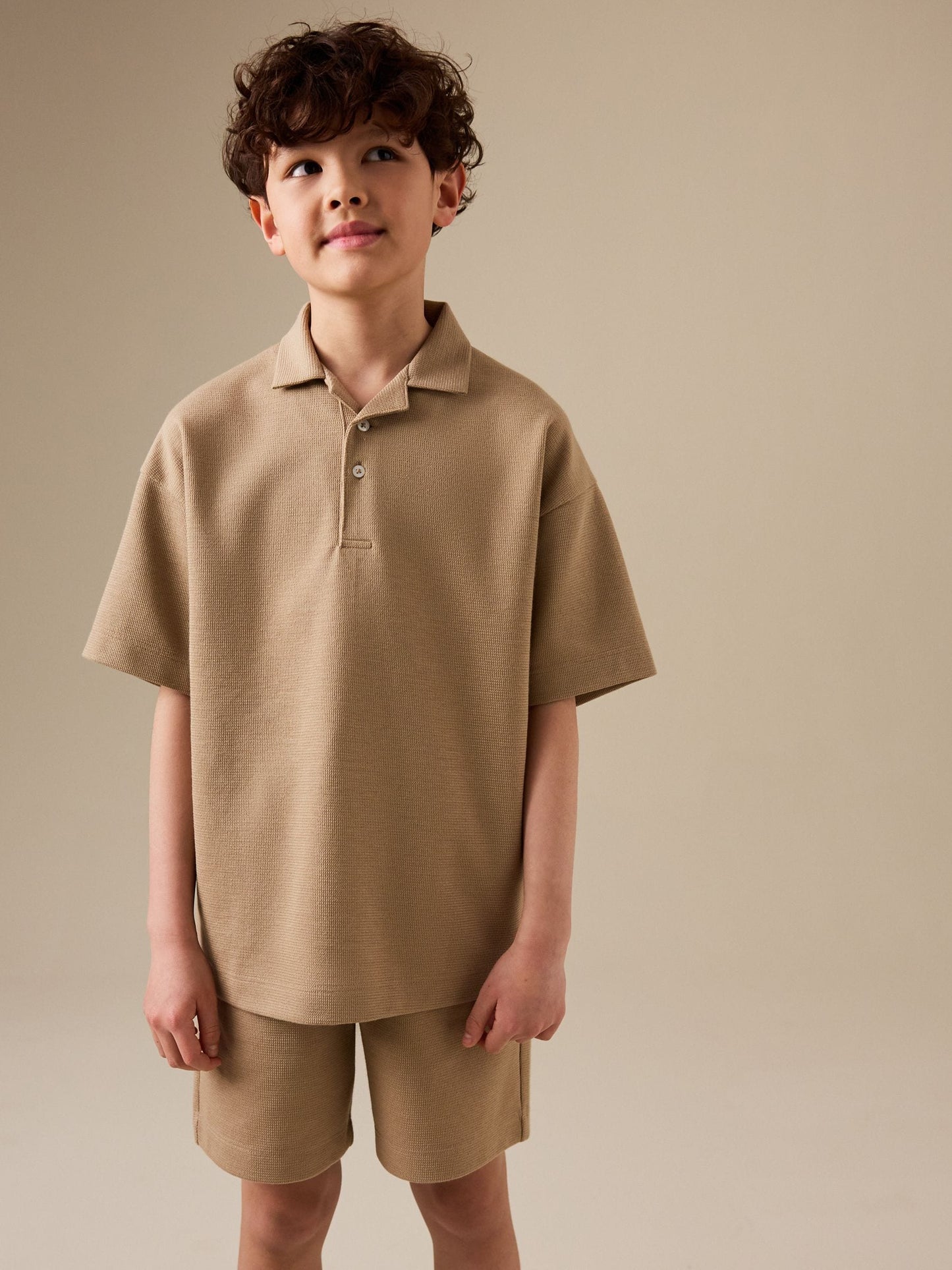 Dsiney Kidz - Tan Brown Short Sleeve Textured Polo Shirt and Shorts Set (3-16yrs) image 2
